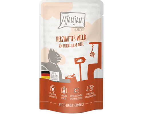 Mjamjam Quetschie Katzenfutter Herzhaftes Wild mit Apfel im Portionsbeutel