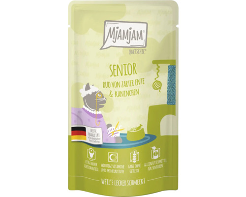 Mjamjam Senior Quetschie Katzenfutter mit Ente und Kaninchen im Folienbeutel