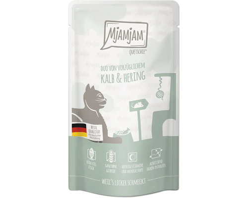 Mjamjam Quetschie Katzennahrung mit Kalb und Hering