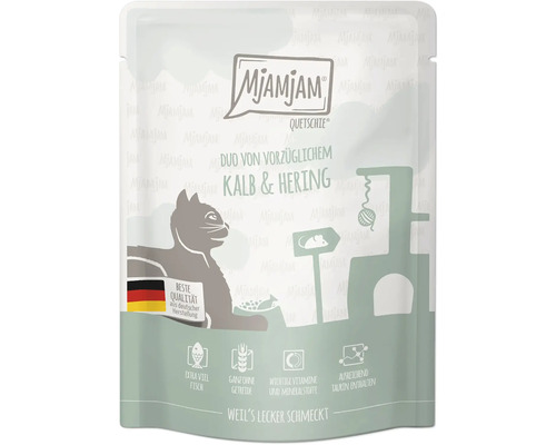 Mjamjam Quetschie Katzenfutter Duo vom vorzüglichem Kalb und Hering