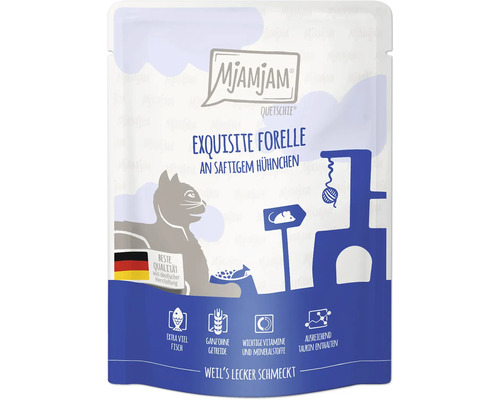 Mjamjam Quetschie Katzenfutter Exquisite Forelle und saftiges Hühnchen