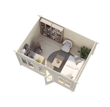 Innenansicht eines Gartenhauses mit Büroecke und Sitzecke