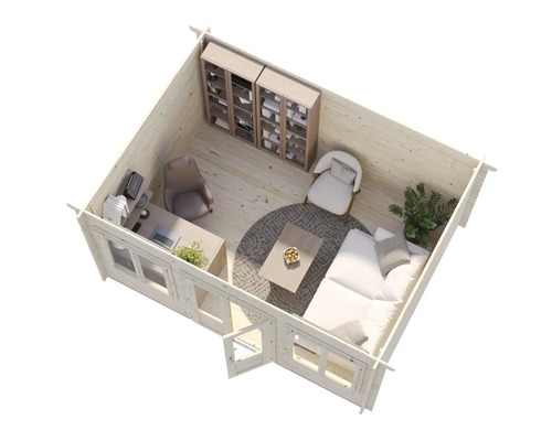 Innenansicht eines Gartenhauses mit Büroecke und Sitzecke