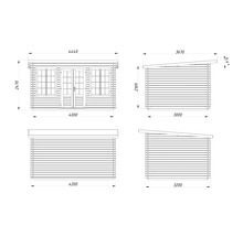 Technische Zeichnung eines Gartenhauses mit Maßangaben