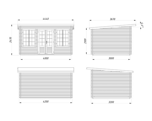 Technische Zeichnung eines Gartenhauses mit Maßangaben