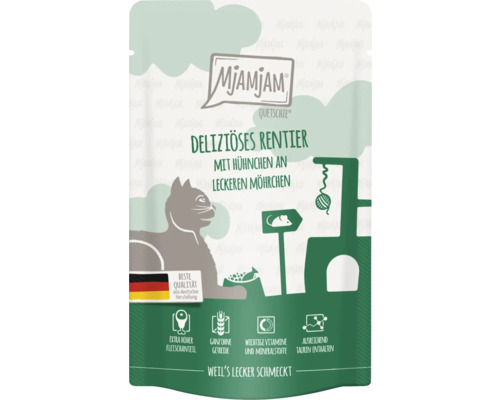 Mjamjam Katzenfutter Quetschie Deliziöses Rentier mit Hühnchen und Möhrchen