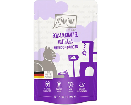 Mjamjam Quetschie Katzenfutter schmackhafter Truthahn mit leckeren Möhrchen