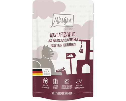 Mjamjam Quetschie Katzenfutter Herzhaftes Wild und Kaninchen mit fruchtigen Heidelbeeren
