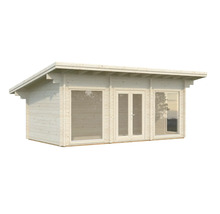 Holzgartenhaus mit Flachdach und Fenstern