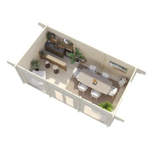 Innenansicht eines Holzhauses mit Essbereich, Bar und Sitzecke.