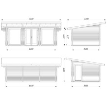 Technische Zeichnung eines Gartenhauses mit Maßen