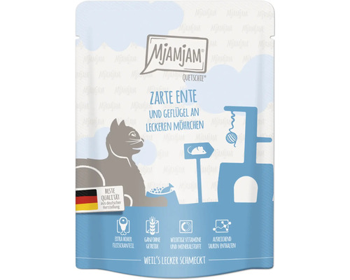 Mjamjam Quetschie Katzenfutter Zarte Ente mit Geflügel und Möhrchen