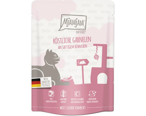 Mjamjam Quetschie Katzenfutter mit köstlichen Garnelen und saftigem Hühnchen