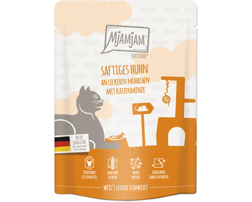 Mjamjam Katzenfutter Quetschie Saftiges Huhn mit Möhrchen und Katzenminze