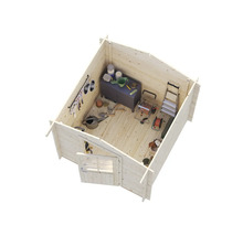 Innenansicht eines Holzgartenhauses mit Werkzeugen und Gartengeräten