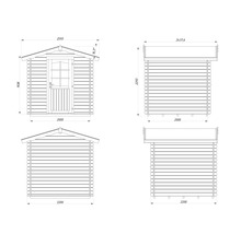 Technische Zeichnung eines Gartenhauses mit Maßangaben.
