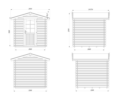 Technische Zeichnung eines Gartenhauses mit Maßangaben.