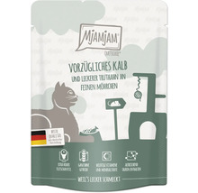 Mjamjam Quetschie Katzenfutter mit Kalb, Truthahn und Möhren