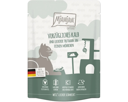Mjamjam Quetschie Katzenfutter mit Kalb, Truthahn und Möhren