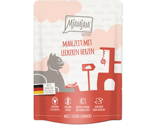 Mjamjam Quetschie Mahlzeit mit leckeren Herzen Katzenfutter
