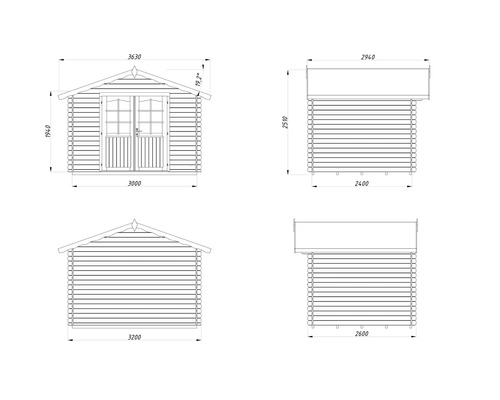 Zeichnung eines Gartenhauses mit Abmessungen