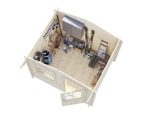 Holzgartenhaus mit Sportgeräten und Werkzeugen zur Aufbewahrung