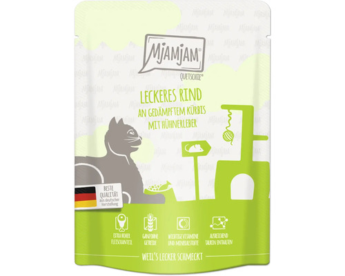 Mjamjam Quetschie Katzenfutter Rind mit Kürbis und Hühnerleber