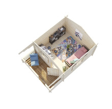 Innenansicht eines Holzhauses mit Möbeln und Dekoration