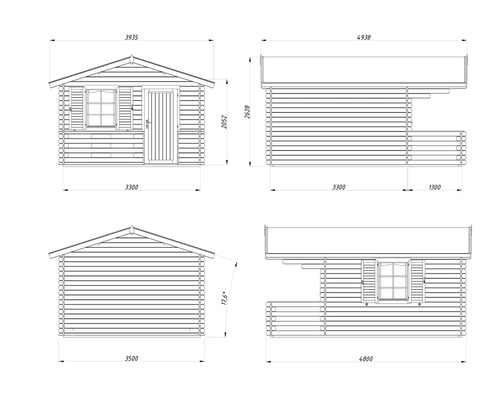 Technische Zeichnung eines Gartenhauses mit Maßen