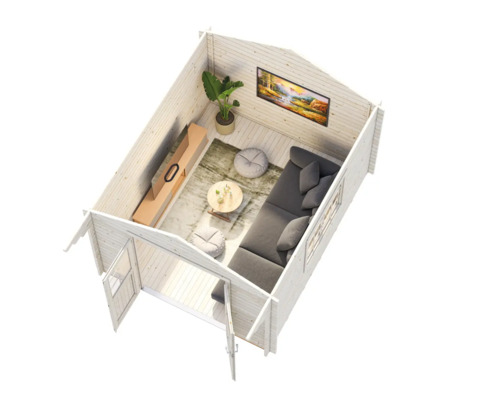 Innenansicht eines Gartenhauses mit Wohnbereich, inklusive Sofa, Tisch und Fernseher