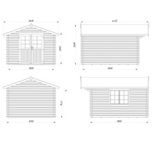 Technische Zeichnung eines Gartenhauses mit Maßen