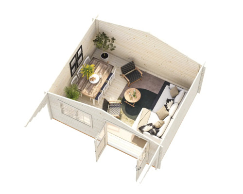 Innenansicht eines Gartenhauses mit Esstisch, Sofa und Sesseln