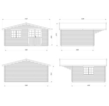 Technische Zeichnung eines Gartenhauses mit Maßangaben.