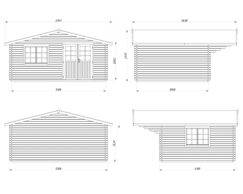 Technische Zeichnung eines Gartenhauses mit Maßangaben.