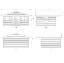 Technische Zeichnung eines Gartenhauses mit Maßangaben.