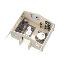 Innenansicht eines Gartenhauses mit Wohnbereich, Essbereich und Regalen