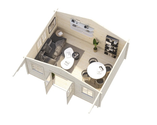 Innenansicht eines Gartenhauses mit Wohnbereich, Essbereich und Regalen