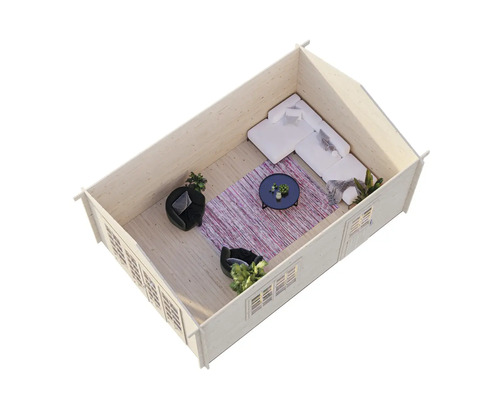 Innenansicht eines Holzgartenhauses mit Fenstern, Sitzecke und Teppich