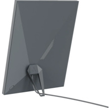 Rückansicht einer flachen Zimmerantenne mit integriertem Standfuß und angeschlossenem Kabel.