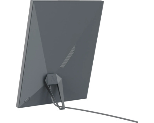 Rückansicht einer flachen Zimmerantenne mit integriertem Standfuß und angeschlossenem Kabel.