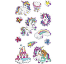 Aufkleberbogen mit Einhorn-, Schmetterlings-, Burg-, Regenbogen- und Sternmotiven