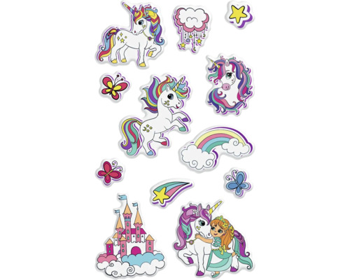 Aufkleberbogen mit Einhorn-, Schmetterlings-, Burg-, Regenbogen- und Sternmotiven
