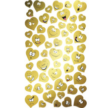 Eine Vielzahl goldfarbener Herzaufkleber mit verschiedenen Gesichtsausdrücken.