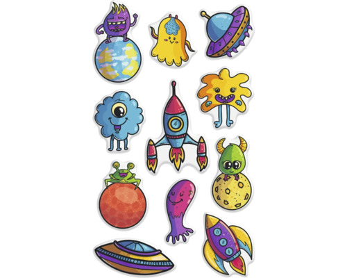 Aufkleberbogen mit Motiven von Monstern, Raketen und Ufos