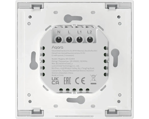 Aqara Wandschalter H1 EU Rückseite mit Informationen zu Modell, Bewertung und Hersteller
