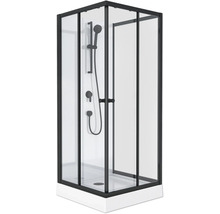 Eckdusche mit schwarzem Rahmen, Duschkopf und Armaturen