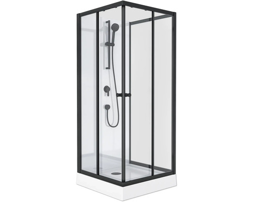 Eckdusche mit schwarzem Rahmen, Duschkopf und Armaturen
