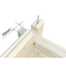 Detailansicht einer Blockbohlenecke mit Maßangabe 70 mm und Gewindestange