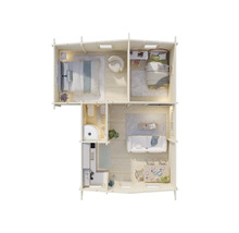 Grundriss eines zweistöckigen Holzhauses mit Schlafzimmern, Badezimmer und Wohnbereich