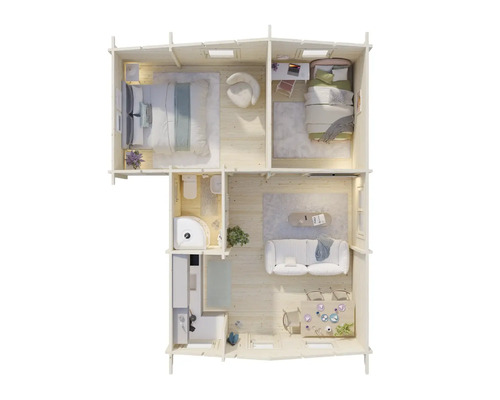 Grundriss eines zweistöckigen Holzhauses mit Schlafzimmern, Badezimmer und Wohnbereich